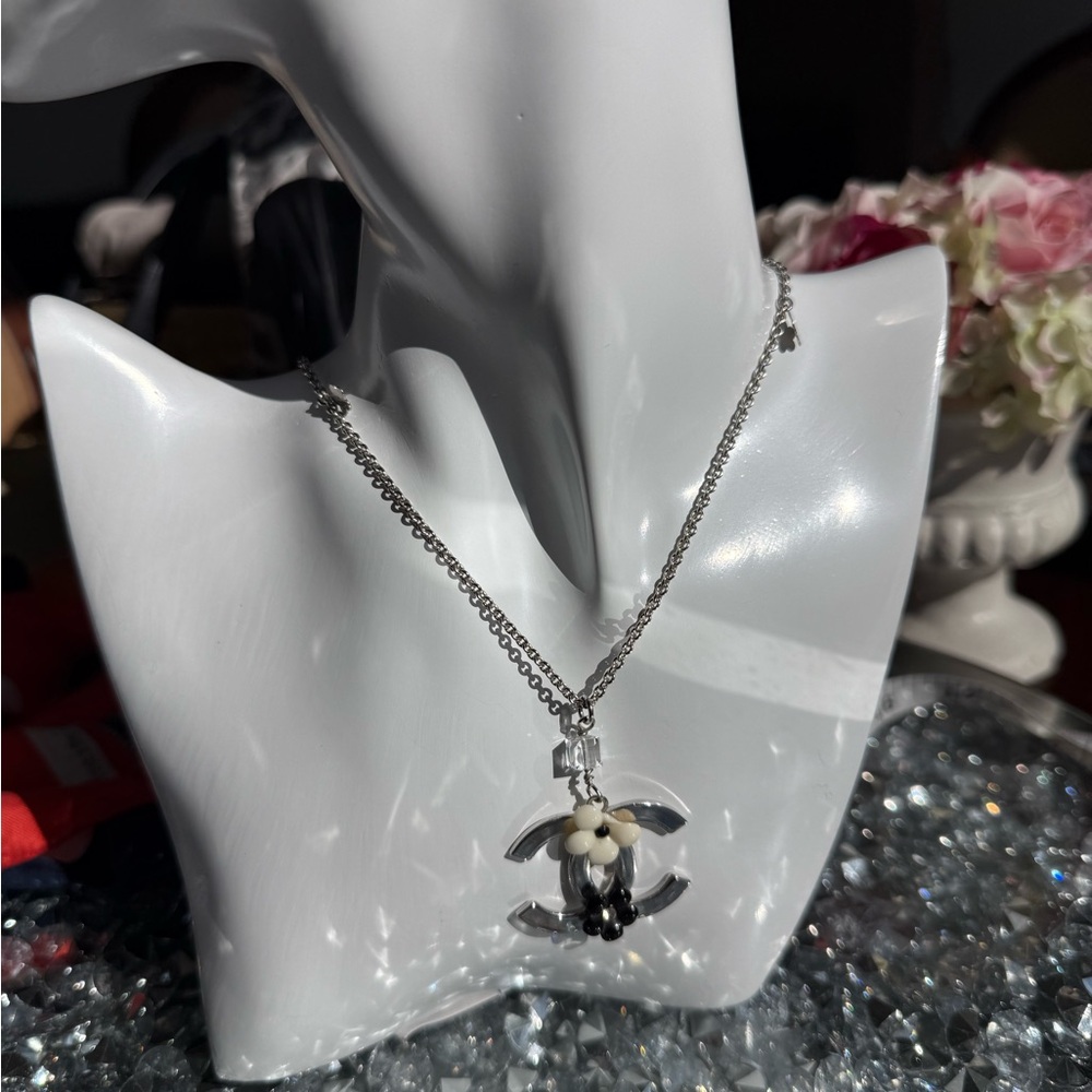 CHANEL Silver and Black Pendant Necklace